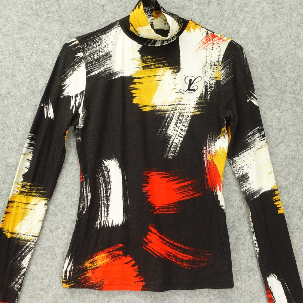 Luar Abstract Brushstroke Turtleneck Top Womens XS Black Bamboo Stretch Fall Y2K